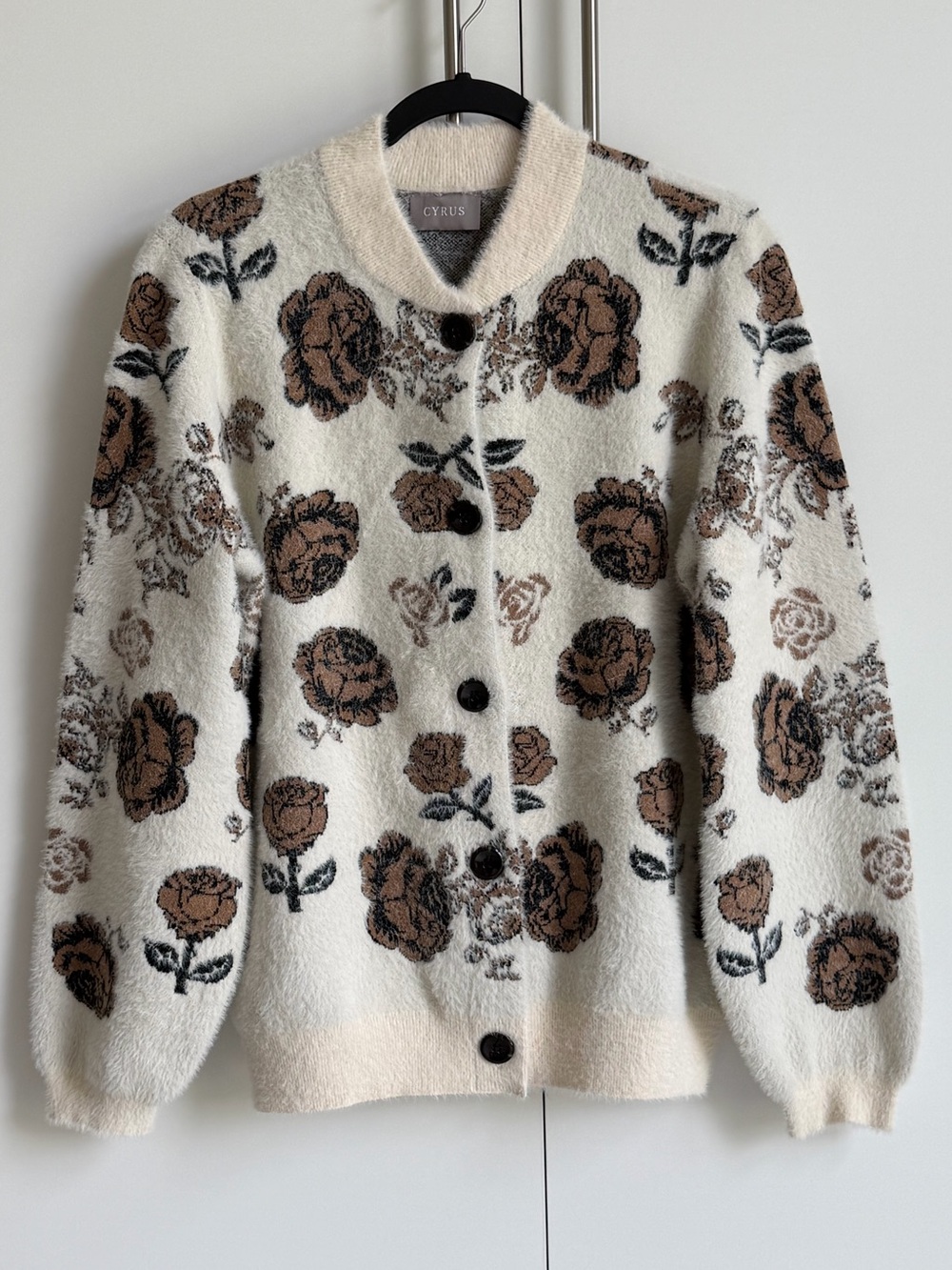 Cyrus Fuzzy Rose Floral Cardigan Sweater Ivory Brown Cottagecore M